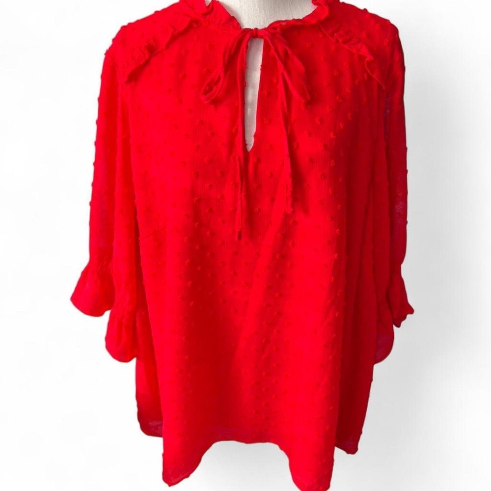 Red CeCe Blouse 3/4 Sleeves with Textured Polkadots Women's Plus 2XL.